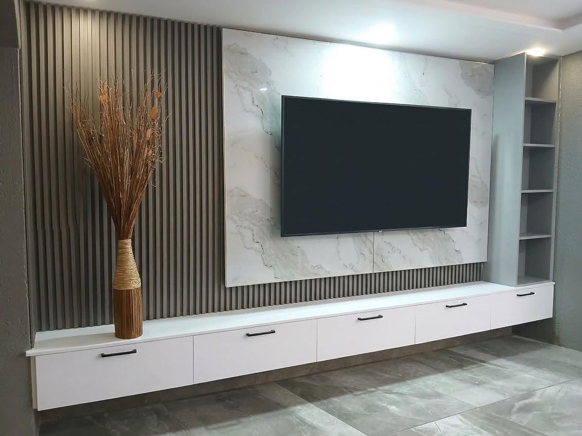 TV wall concept with upgraded cabinetry and display shelving