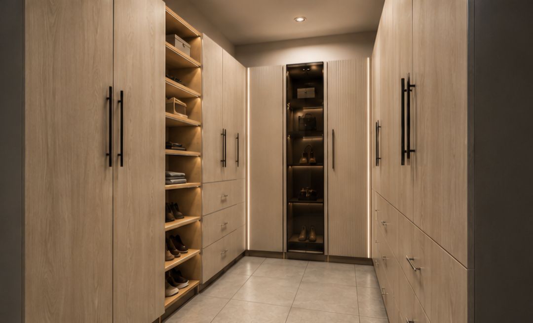 Premium walk-in wardrobe concept with feature shelving and lighting